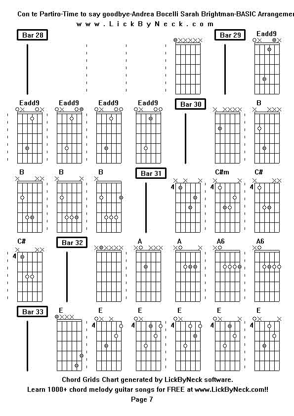 Chord Grids Chart of chord melody fingerstyle guitar song-Con te Partiro-Time to say goodbye-Andrea Bocelli Sarah Brightman-BASIC Arrangement,generated by LickByNeck software.